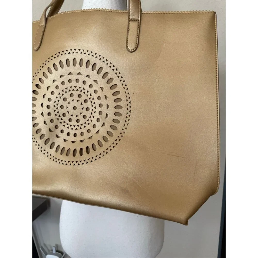 Neiman Marcus Gold Faux Leather Mandala Tote Bag